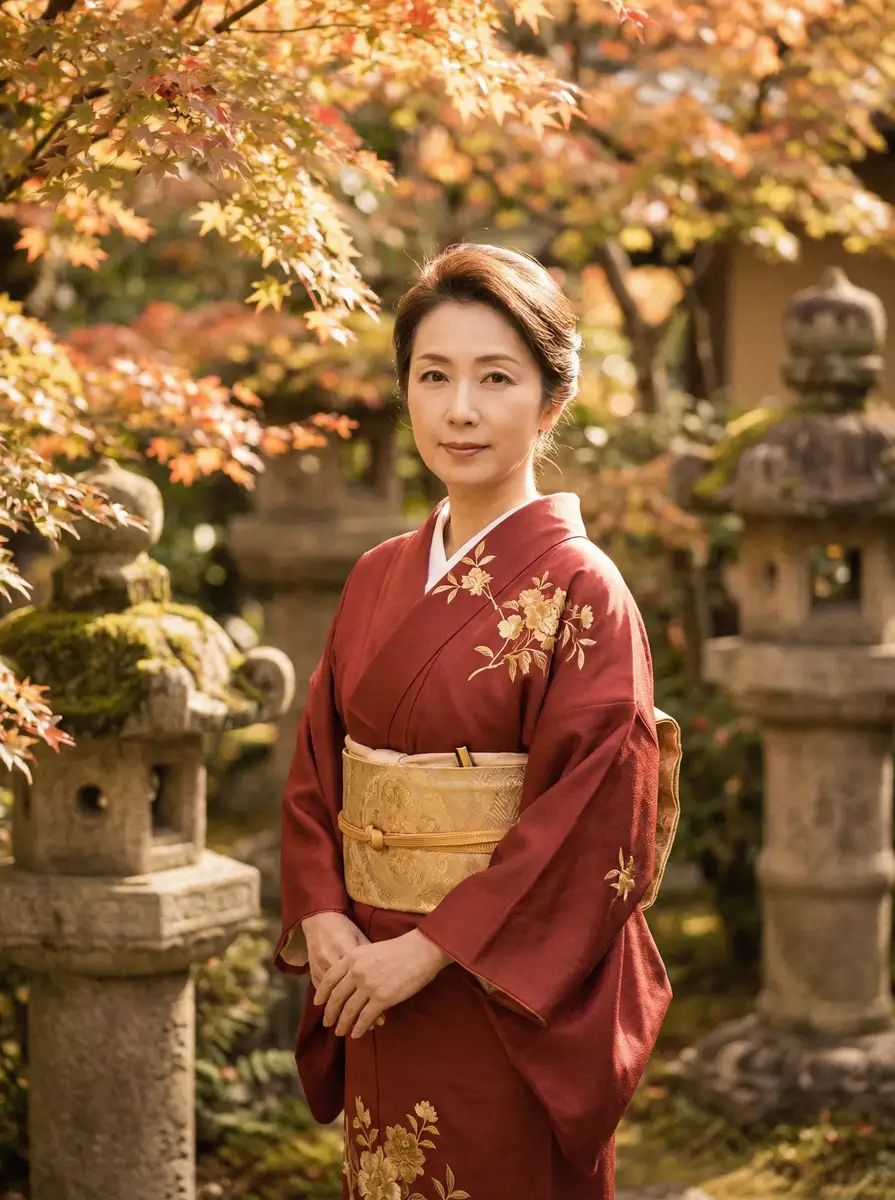 一位身穿暗红色和服的优雅 无限资源日本2019版免费 在日式庭院中